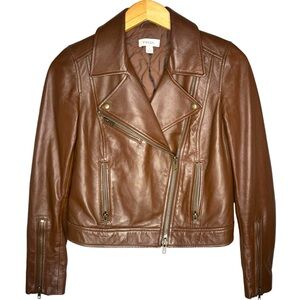 Fossil leather moto jacket chocolate brown women’s size small bomber coat